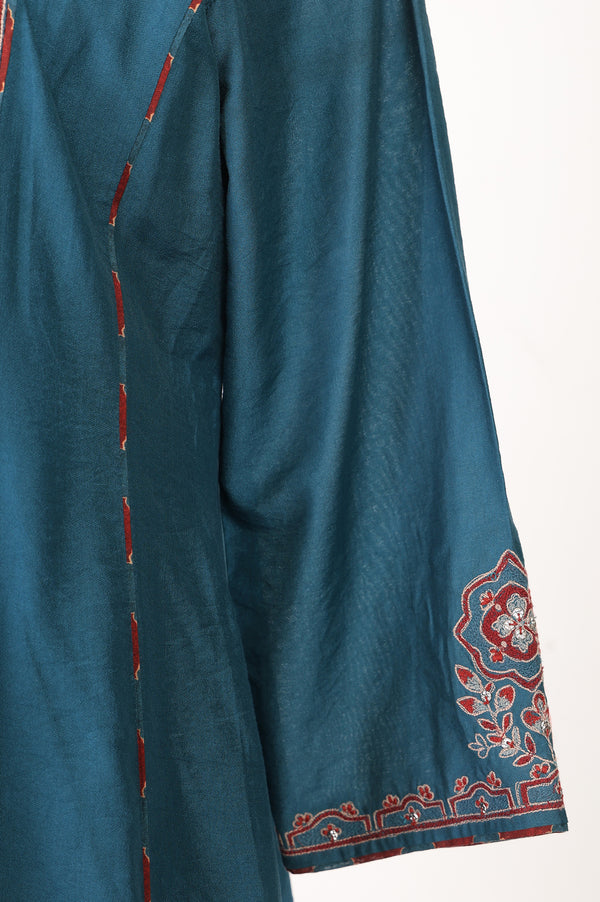 Teal Blue Thread Embroidered Flared Kurta With Pants and Dupatta Set