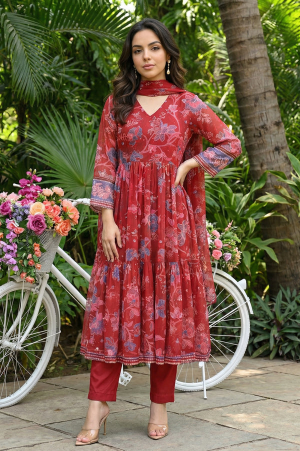 Red Floral Printed Chiffon Flared Kurta with Straight Pants and Dupatta Set