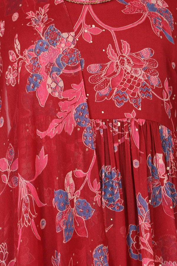 Red Floral Printed Chiffon Flared Kurta with Straight Pants and Dupatta Set