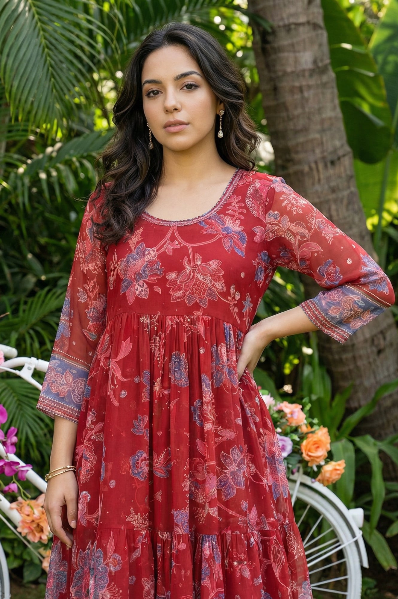 Red Floral Printed Chiffon Flared Kurta with Straight Pants and Dupatta Set