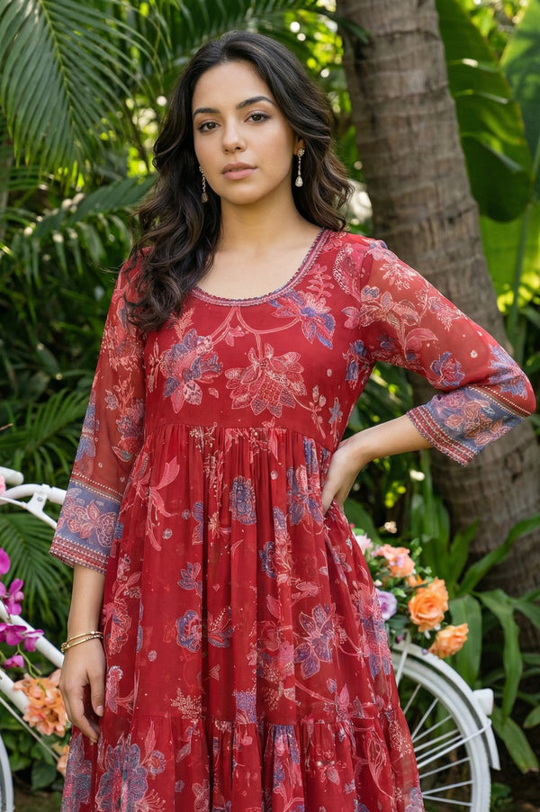 Red Floral Printed Chiffon Flared Kurta with Straight Pants and Dupatta Set