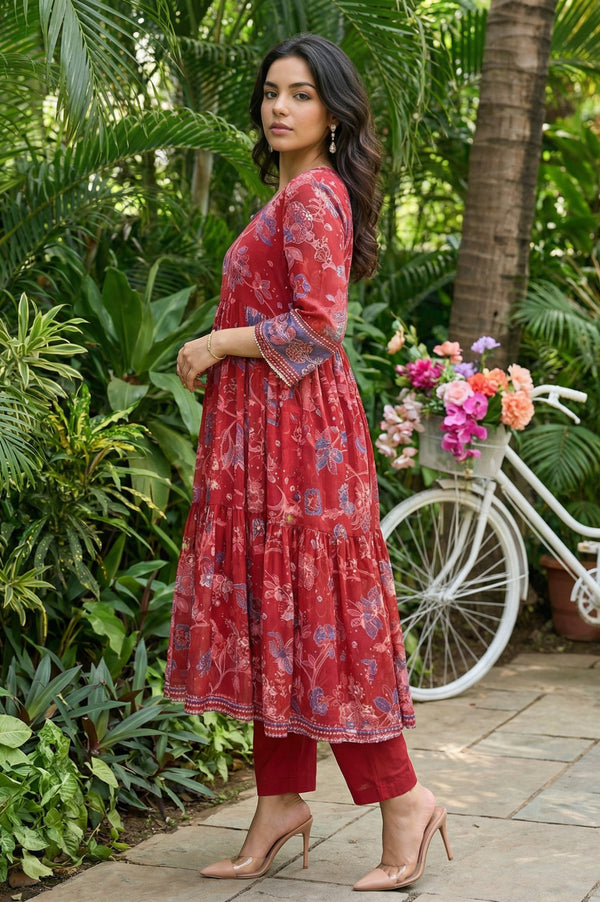 Red Floral Printed Chiffon Flared Kurta with Straight Pants and Dupatta Set