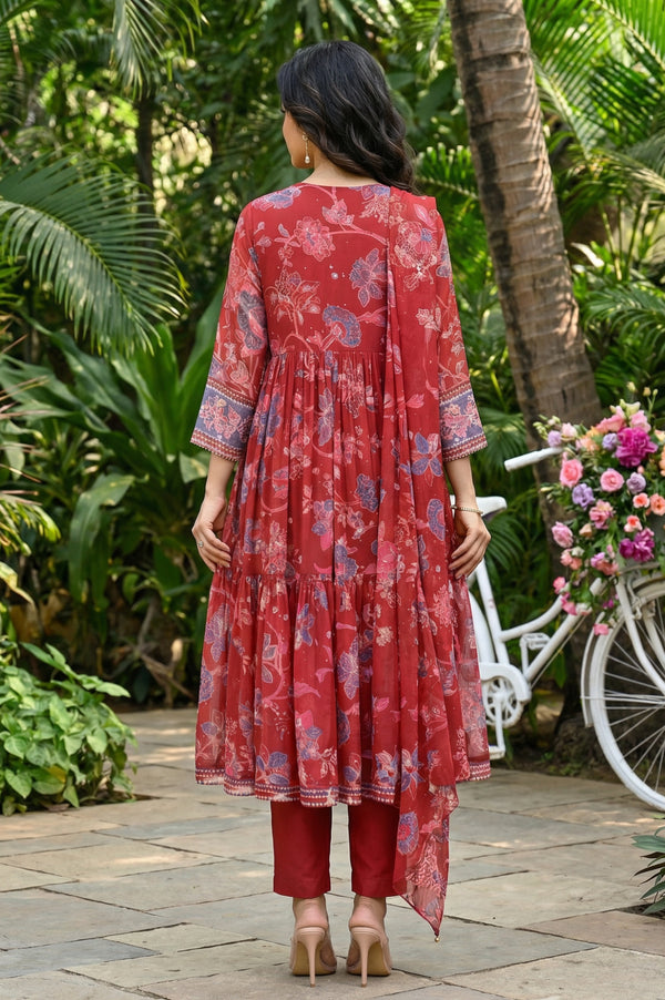 Red Floral Printed Chiffon Flared Kurta with Straight Pants and Dupatta Set