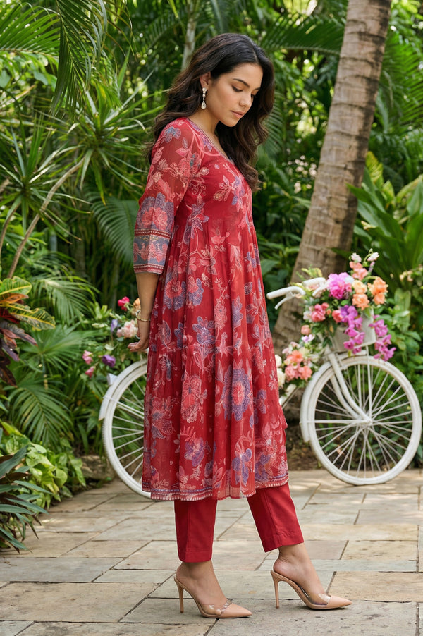 Red Floral Printed Chiffon Flared Kurta with Straight Pants and Dupatta Set