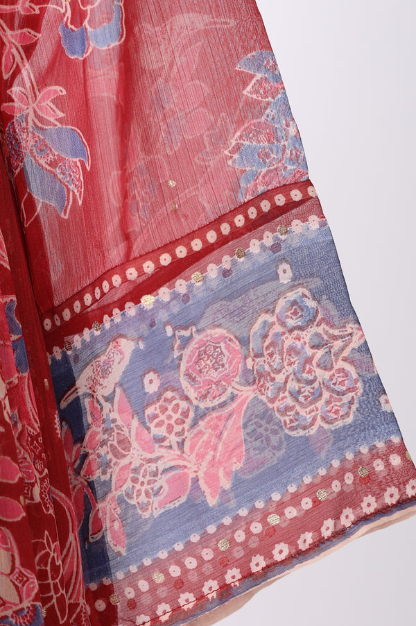 Red Floral Printed Chiffon Flared Kurta with Straight Pants and Dupatta Set