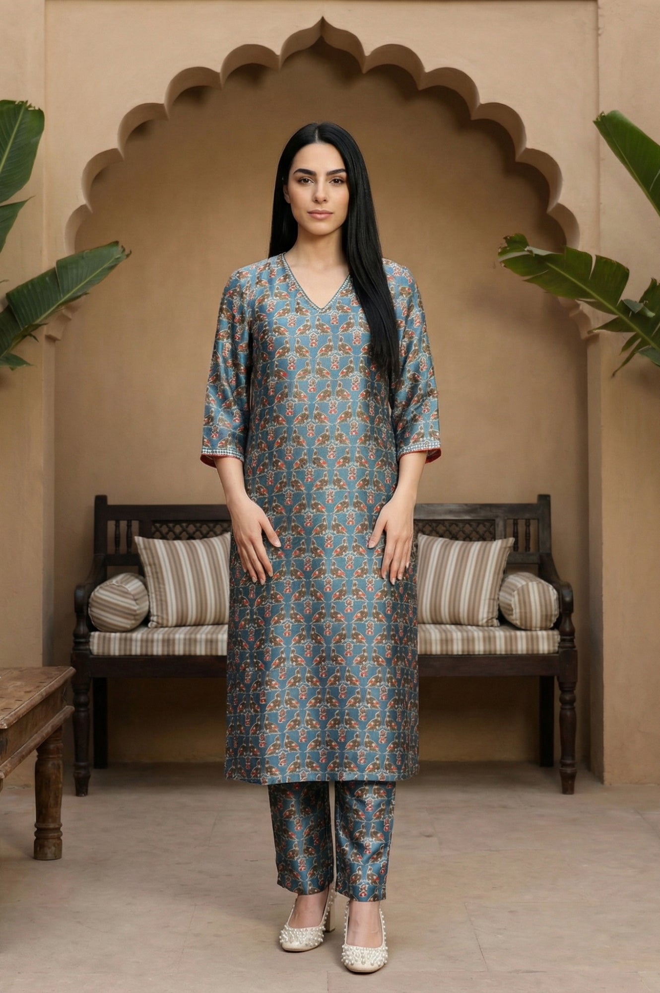 Blue Floral Printed Japanese Satin Straight Kurta and Trousers Co-ord Set
