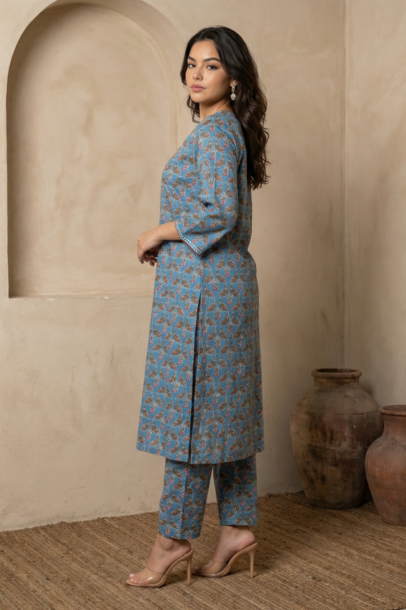 Blue Floral Printed Japanese Satin Straight Kurta and Trousers Co-ord Set