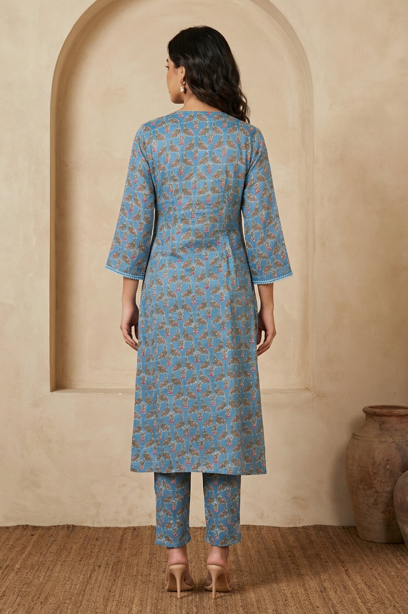 Blue Floral Printed Japanese Satin Straight Kurta and Trousers Co-ord Set