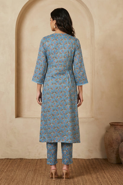Blue Floral Printed Japanese Satin Straight Kurta and Trousers Co-ord Set
