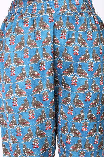 Blue Floral Printed Japanese Satin Straight Kurta and Trousers Co-ord Set