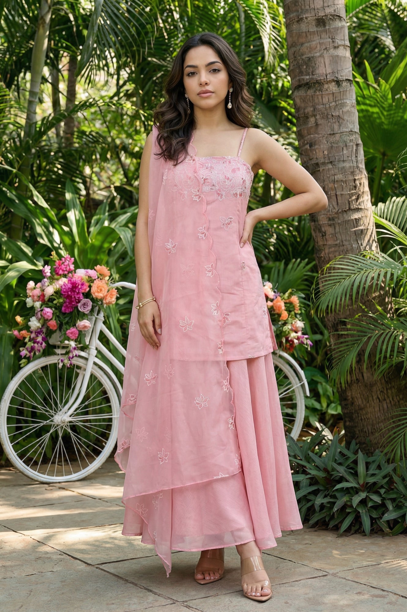 Pink Thread Embroidered Chanderi Noodle Straps Straight Kurta with Sharara and Dupatta Set