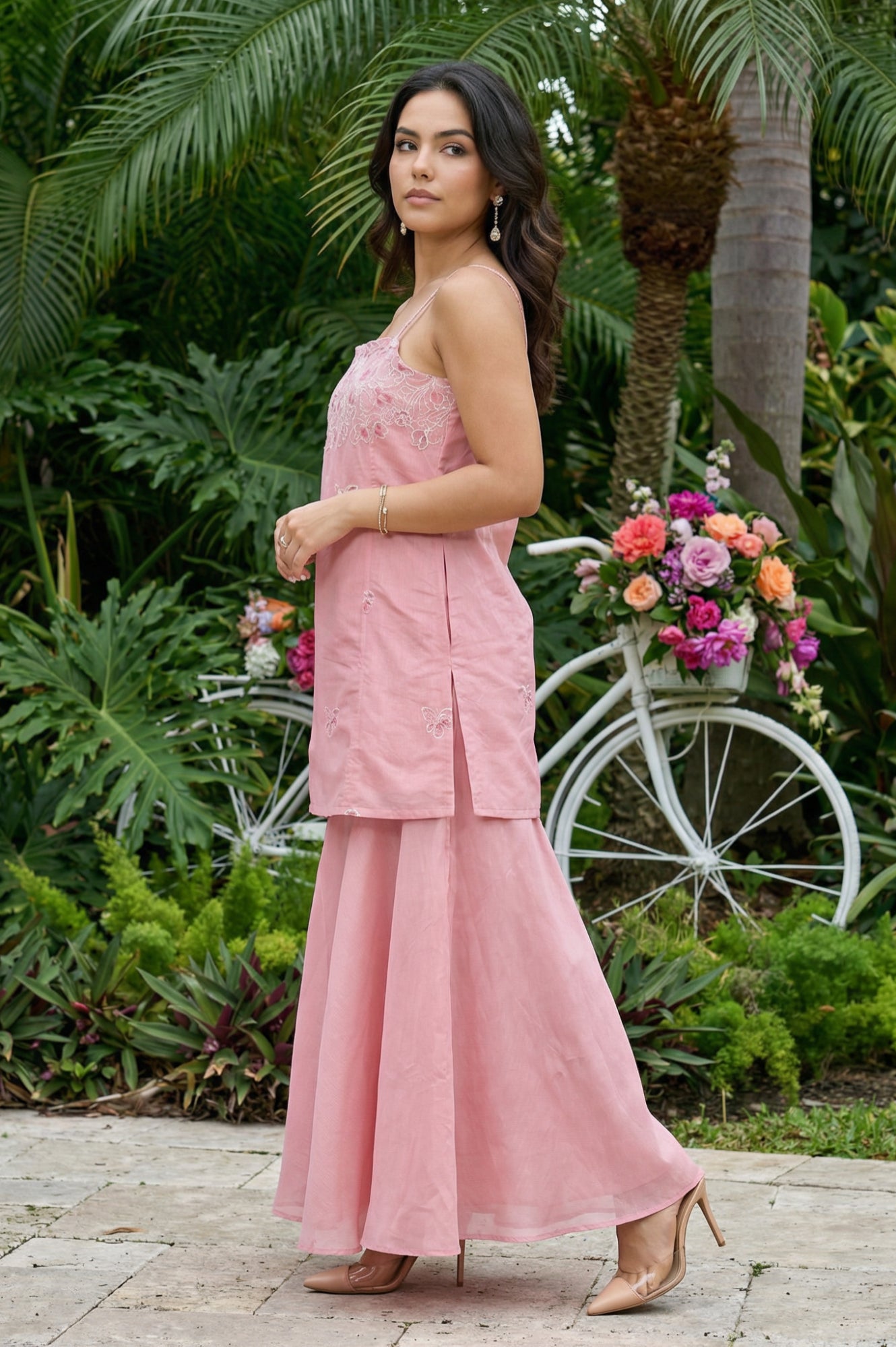 Pink Thread Embroidered Chanderi Noodle Straps Straight Kurta with Sharara and Dupatta Set