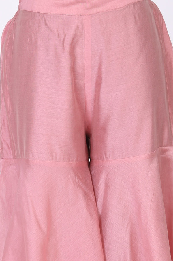 Pink Thread Embroidered Chanderi Noodle Straps Straight Kurta with Sharara and Dupatta Set