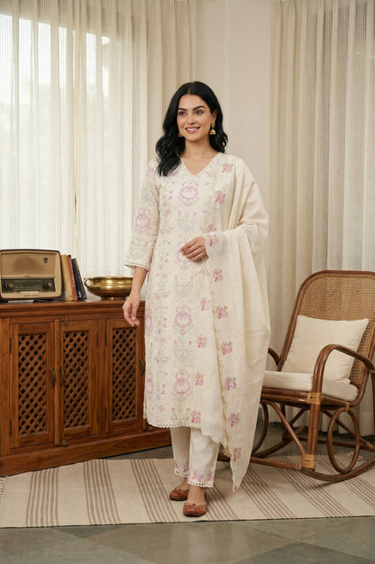 Off White Chikankari Pure Cotton Straight Kurta with Pants and Dupatta Set