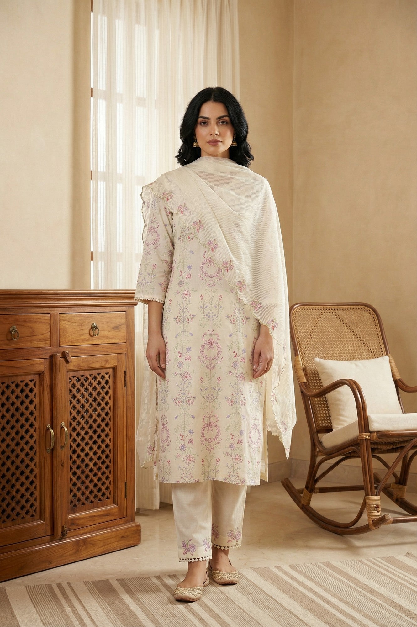Off White Chikankari Pure Cotton Straight Kurta with Pants and Dupatta Set