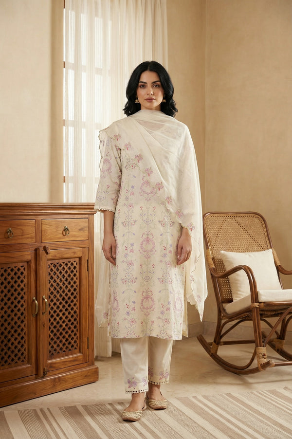 Off White Chikankari Pure Cotton Straight Kurta with Pants and Dupatta Set