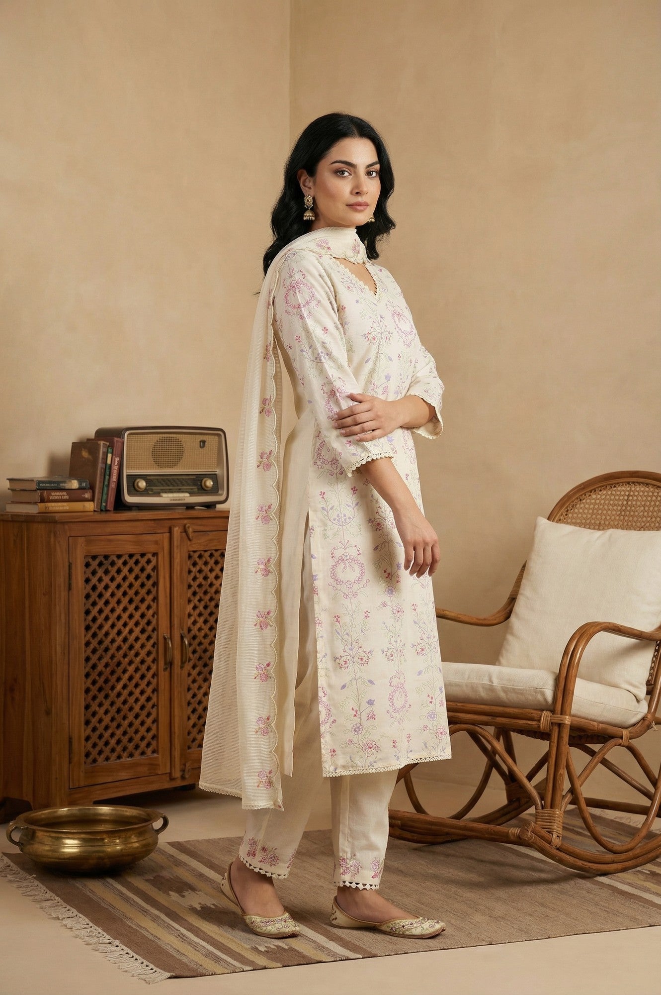 Off White Chikankari Pure Cotton Straight Kurta with Pants and Dupatta Set