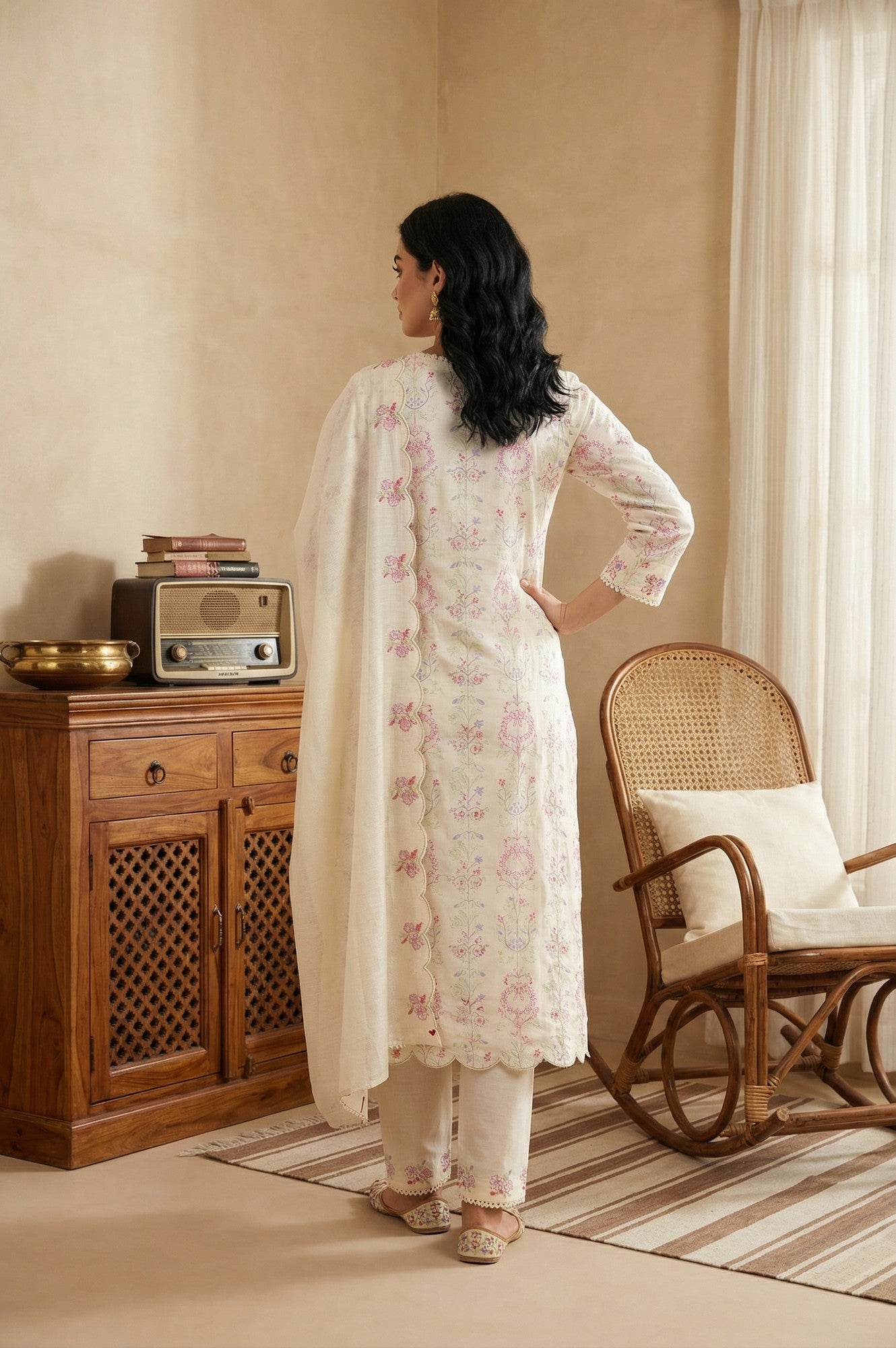 Off White Chikankari Pure Cotton Straight Kurta with Pants and Dupatta Set