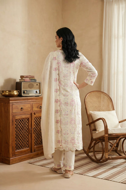Off White Chikankari Pure Cotton Straight Kurta with Pants and Dupatta Set