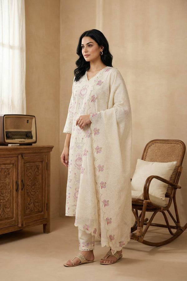 Off White Chikankari Pure Cotton Straight Kurta with Pants and Dupatta Set