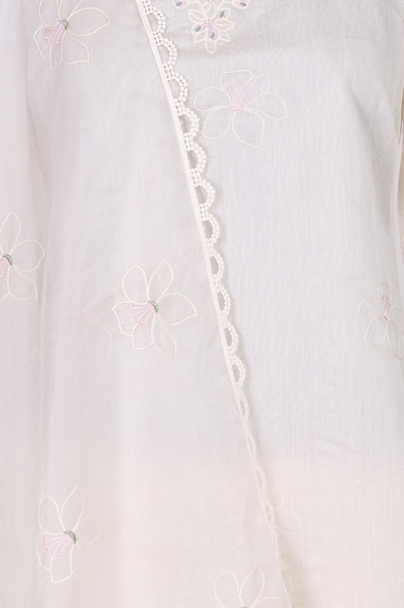 Off White Thread Embroidered Chanderi Straight Kurta with Straight Pants and Dupatta Set