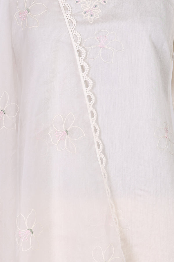 Off White Thread Embroidered Chanderi Straight Kurta with Straight Pants and Dupatta Set