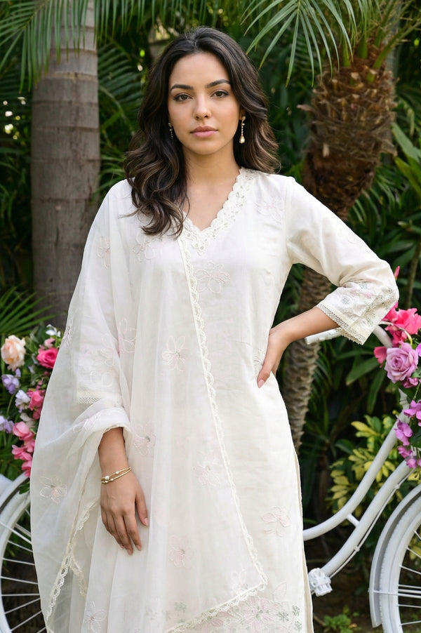 Off White Thread Embroidered Chanderi Straight Kurta with Straight Pants and Dupatta Set