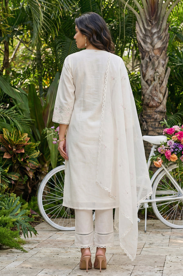 Off White Thread Embroidered Chanderi Straight Kurta with Straight Pants and Dupatta Set