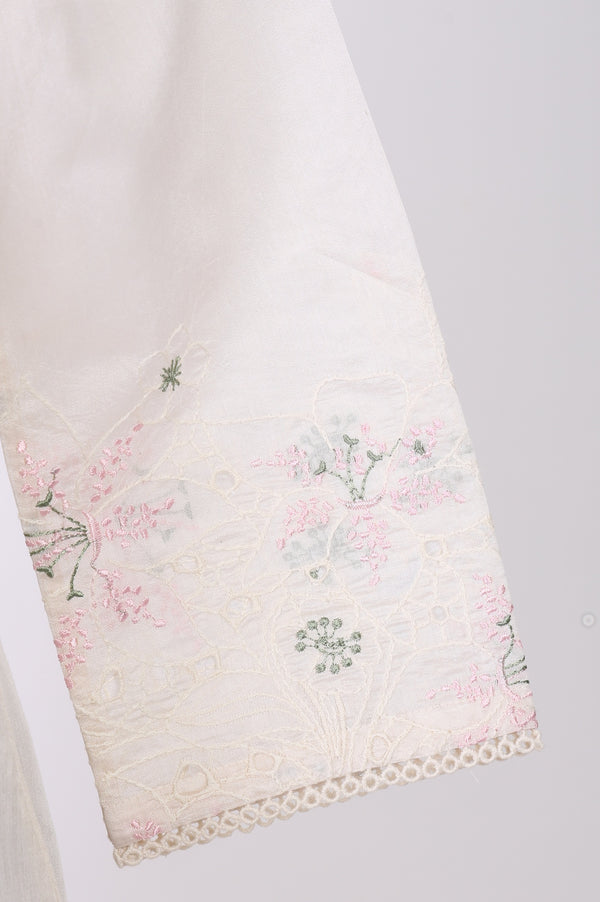 Off White Thread Embroidered Chanderi Straight Kurta with Straight Pants and Dupatta Set