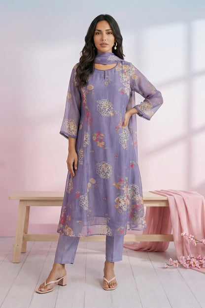 Purple Thread Embroidered Organza Straight Kurta with Straight Pants and Dupatta Set