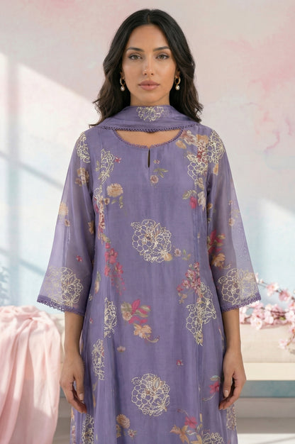 Purple Thread Embroidered Organza Straight Kurta with Straight Pants and Dupatta Set