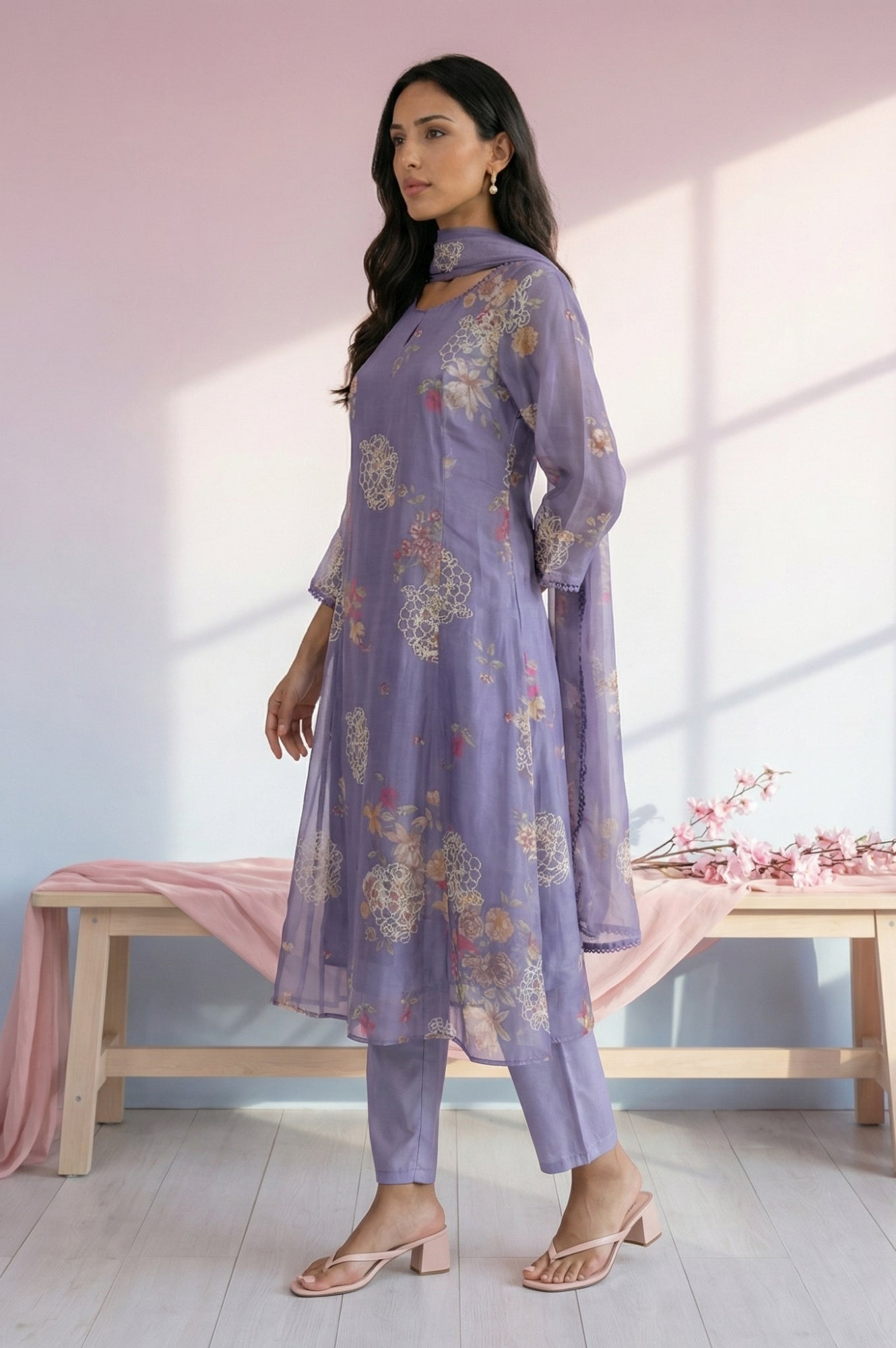 Purple Thread Embroidered Organza Straight Kurta with Straight Pants and Dupatta Set