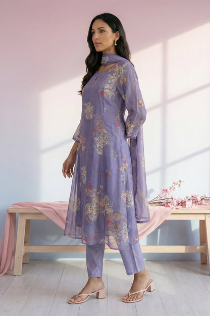 Purple Thread Embroidered Organza Straight Kurta with Straight Pants and Dupatta Set