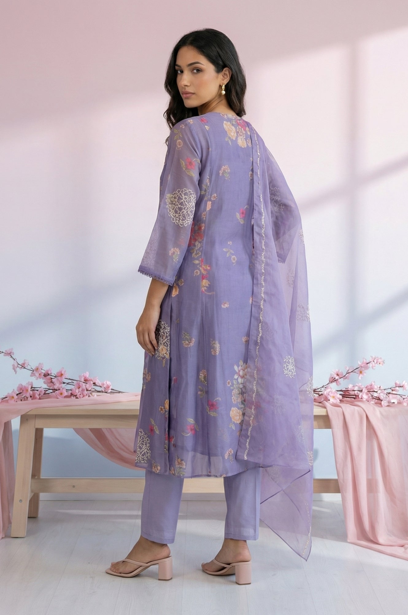Purple Thread Embroidered Organza Straight Kurta with Straight Pants and Dupatta Set