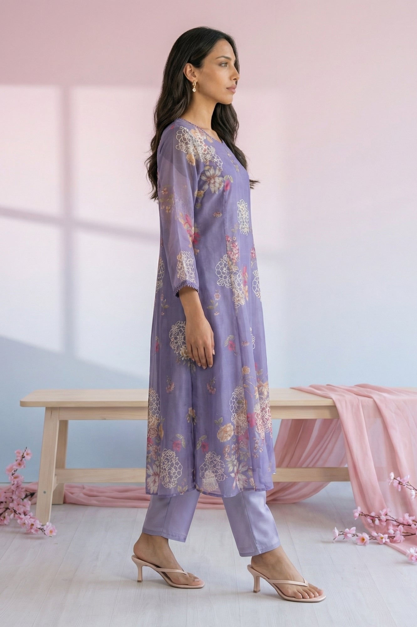 Purple Thread Embroidered Organza Straight Kurta with Straight Pants and Dupatta Set