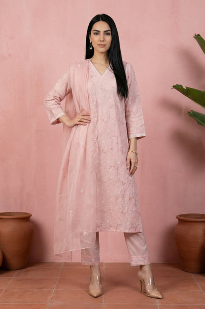 Pink Chikankari Pure Cotton Straight Kurta with Pants and Dupatta Set