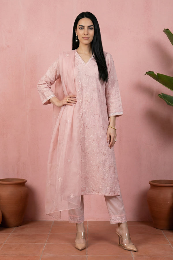Pink Chikankari Pure Cotton Straight Kurta with Pants and Dupatta Set