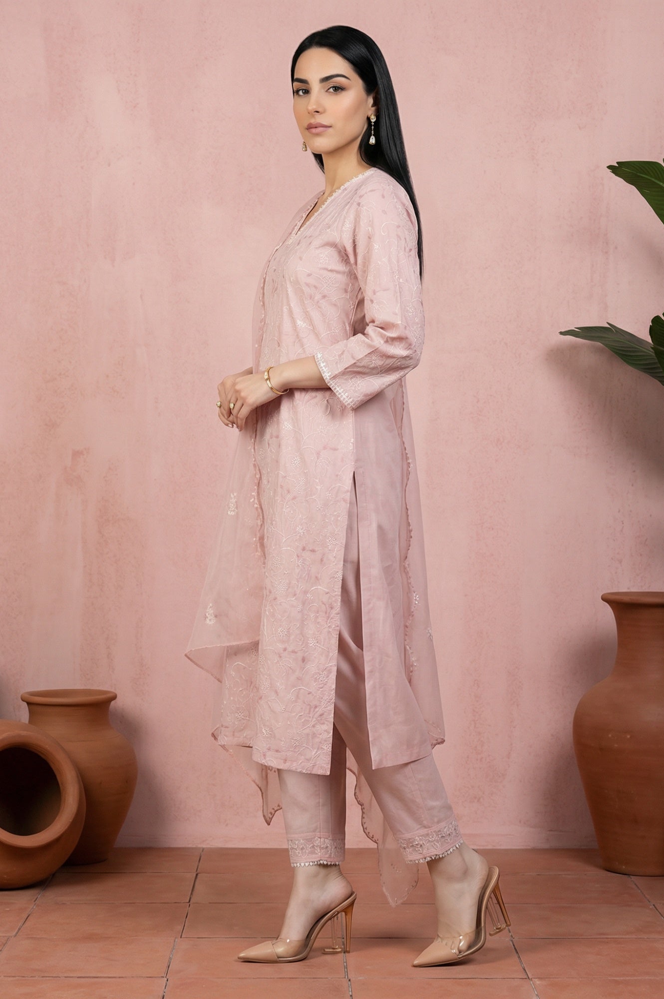 Pink Chikankari Pure Cotton Straight Kurta with Pants and Dupatta Set