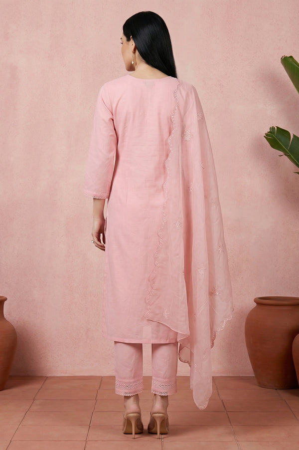 Pink Chikankari Pure Cotton Straight Kurta with Pants and Dupatta Set