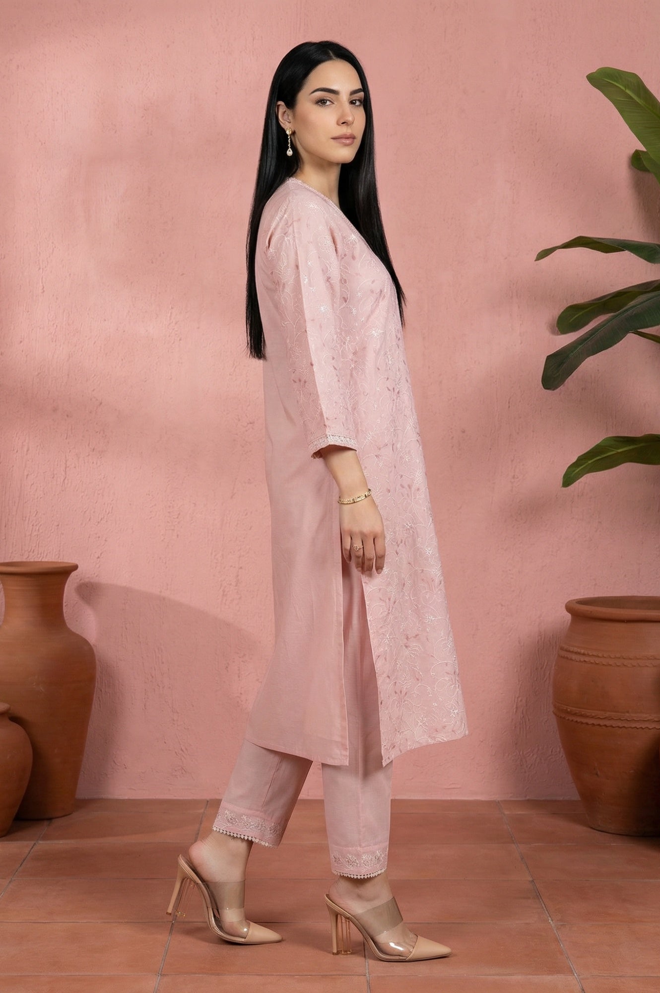 Pink Chikankari Pure Cotton Straight Kurta with Pants and Dupatta Set