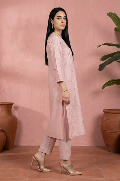 Pink Chikankari Pure Cotton Straight Kurta with Pants and Dupatta Set
