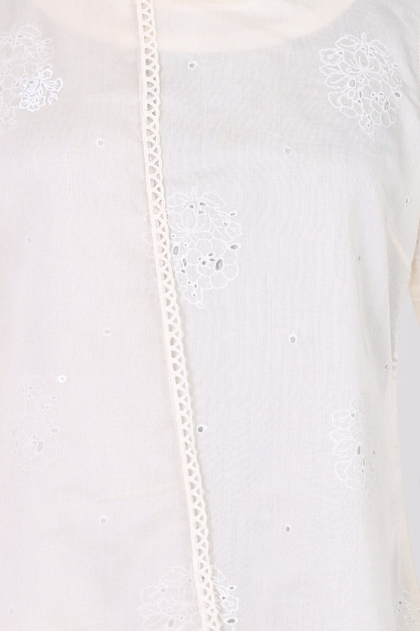 Off White Thread Embroidered Chanderi Straight Kurta with Straight Pants and Organza Dupatta Set