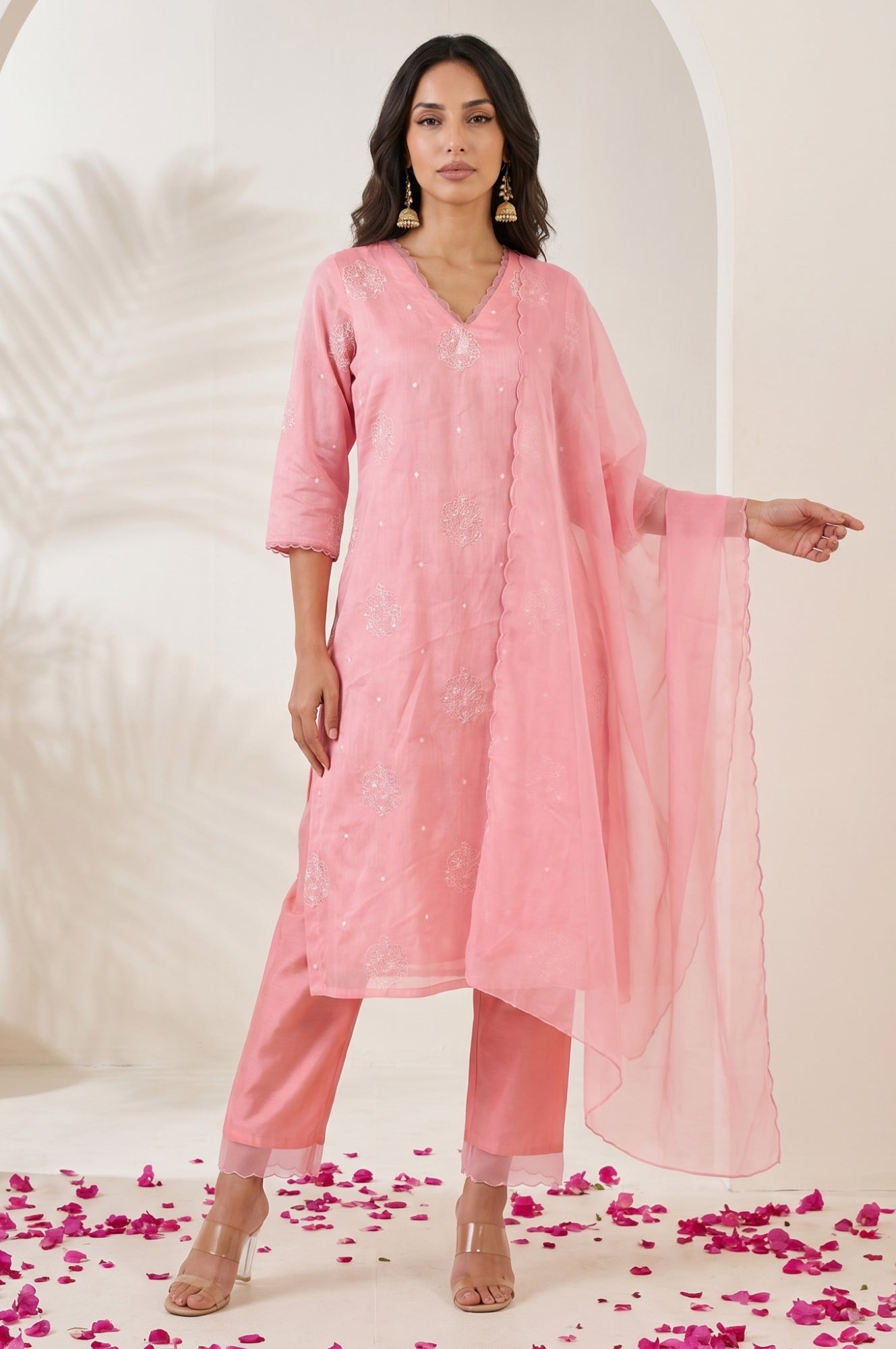 Pink Thread Embroidered Chanderi Straight Kurta with Pants and Dupatta Set