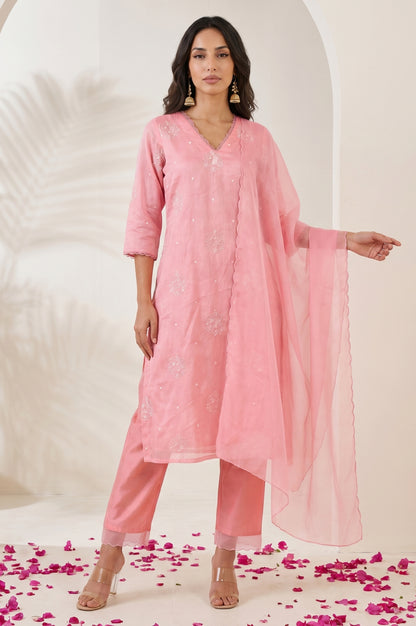 Pink Thread Embroidered Chanderi Straight Kurta with Pants and Dupatta Set