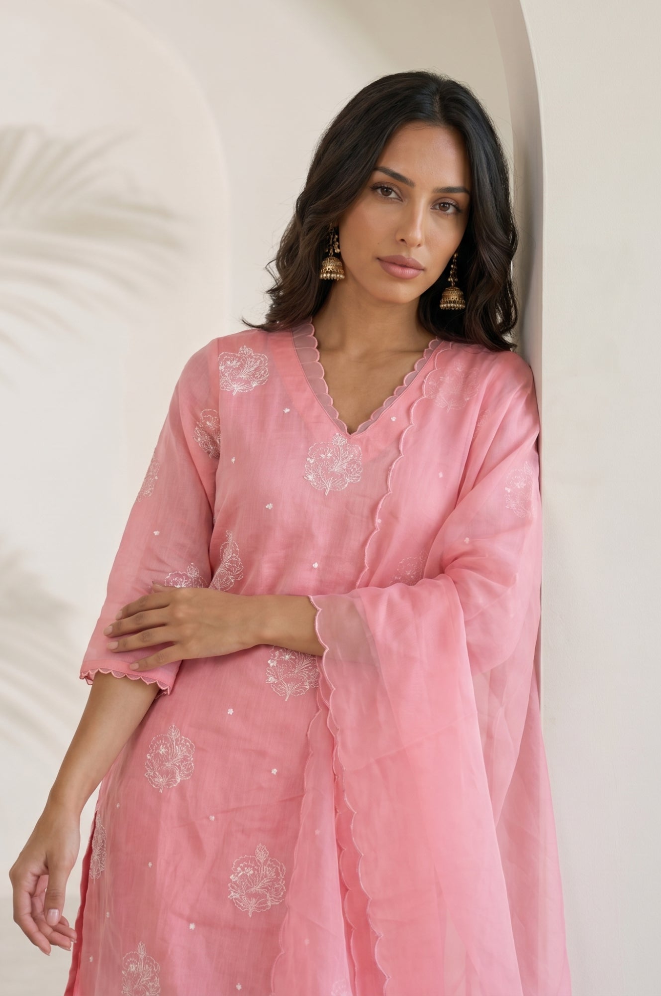 Pink Thread Embroidered Chanderi Straight Kurta with Pants and Dupatta Set