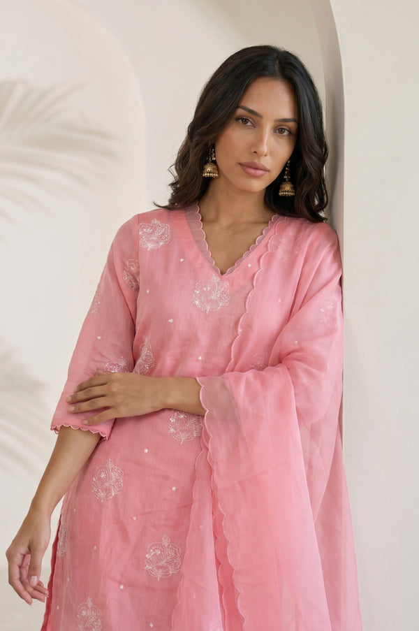 Pink Thread Embroidered Chanderi Straight Kurta with Pants and Dupatta Set