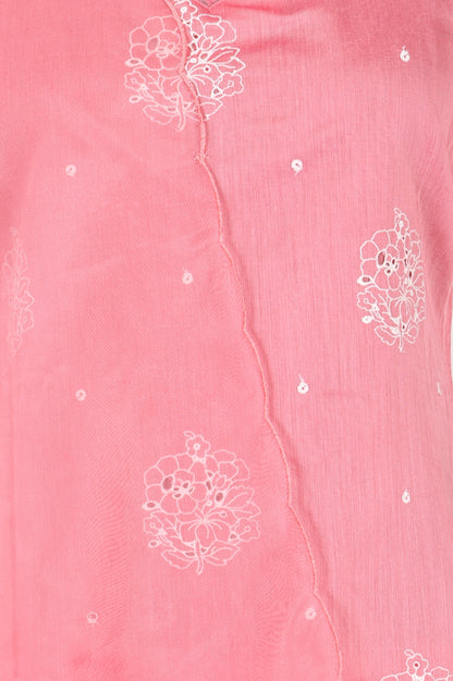 Pink Thread Embroidered Chanderi Straight Kurta with Pants and Dupatta Set