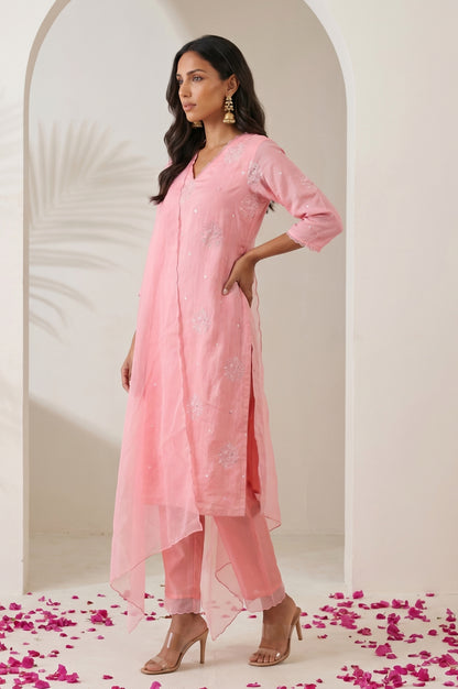 Pink Thread Embroidered Chanderi Straight Kurta with Pants and Dupatta Set