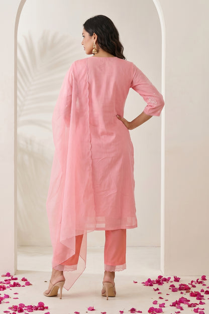 Pink Thread Embroidered Chanderi Straight Kurta with Pants and Dupatta Set