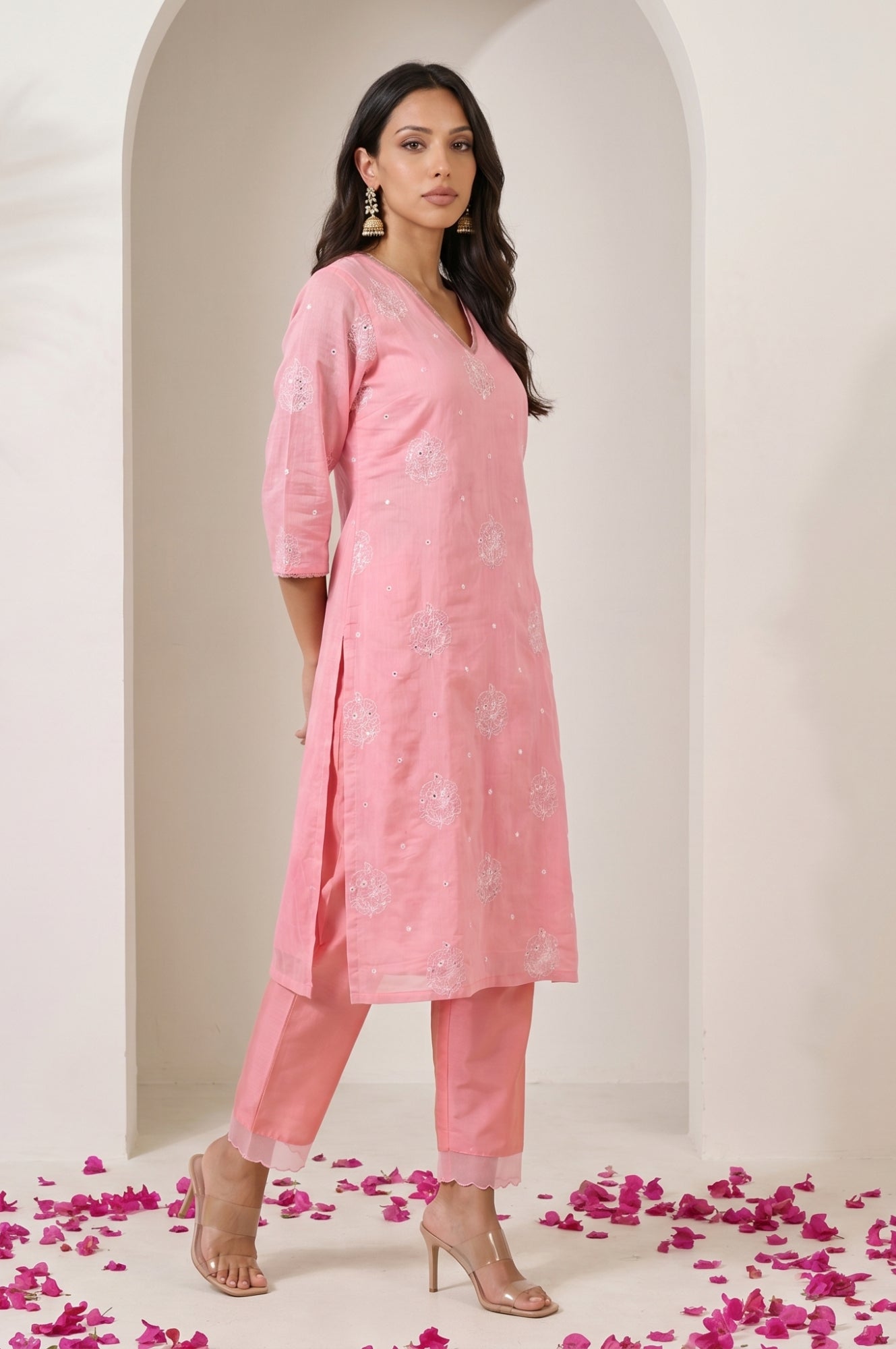 Pink Thread Embroidered Chanderi Straight Kurta with Pants and Dupatta Set